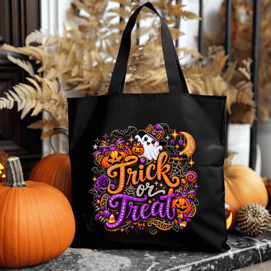 Kids Trick or Treat bag with colorful purple and orange Halloween ghost, pumpkin, candy and leopard print design on a Black Canvas Tote Bag