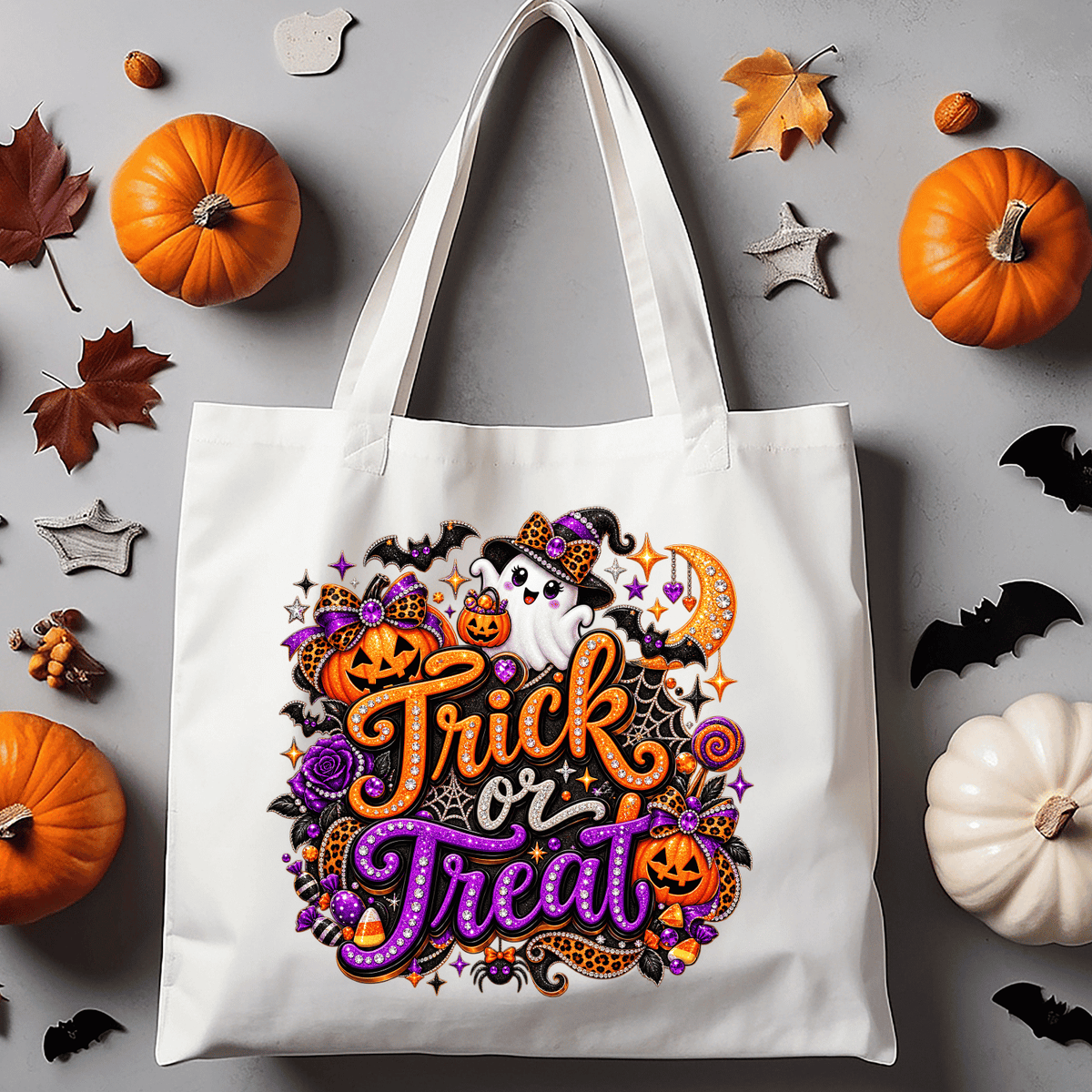 Kids Trick or Treat bag with colorful purple and orange Halloween ghost, pumpkin, candy and leopard print design on a White Canvas Tote Bag