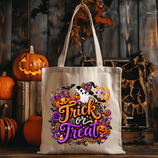 Kids Trick or Treat bag with colorful purple and orange Halloween ghost, pumpkin, candy and leopard print design on a Cream Canvas Tote Bag